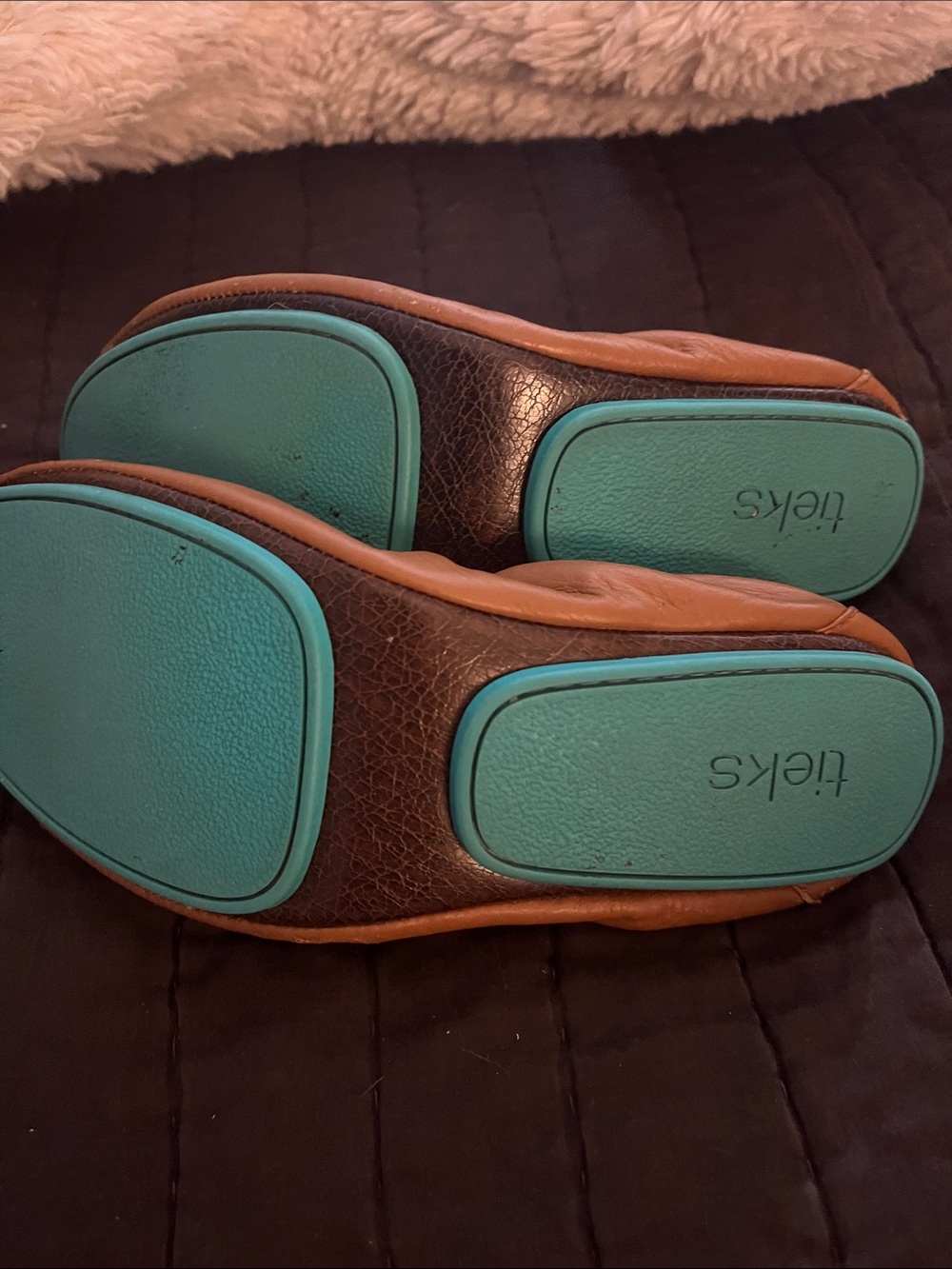 Tieks Brown Leather Flats with Turquoise Soles